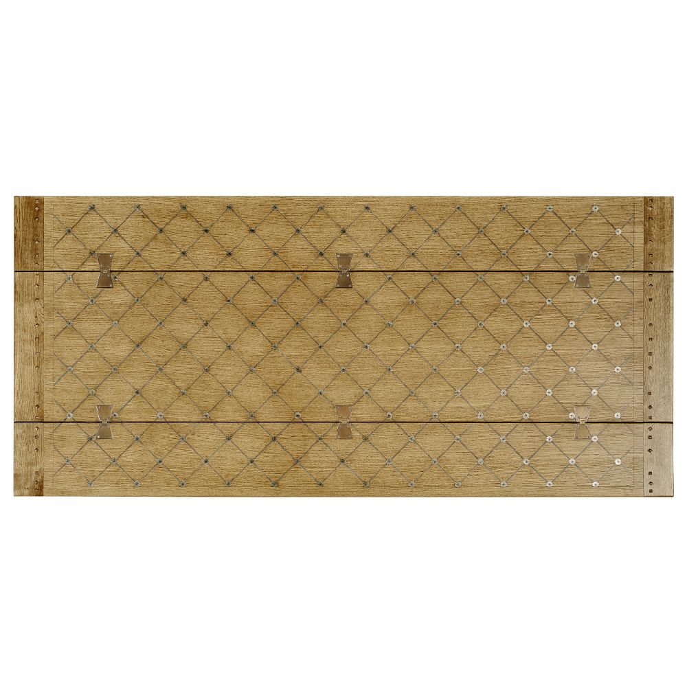 Close-up of diamond lattice inlay on natural oak tabletop with white floral accents and bronze butterfly latches