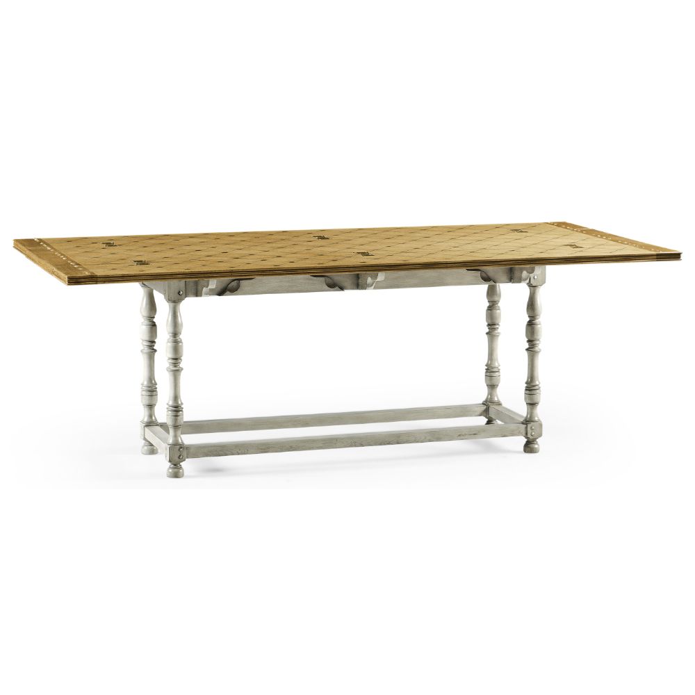 Extended Jonathan Charles Fabien dining table with natural oak diamond inlay top and country grey turned legs