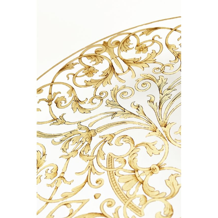 Hand-painted Baroque floral vine motifs in gold leaf on translucent glass surface