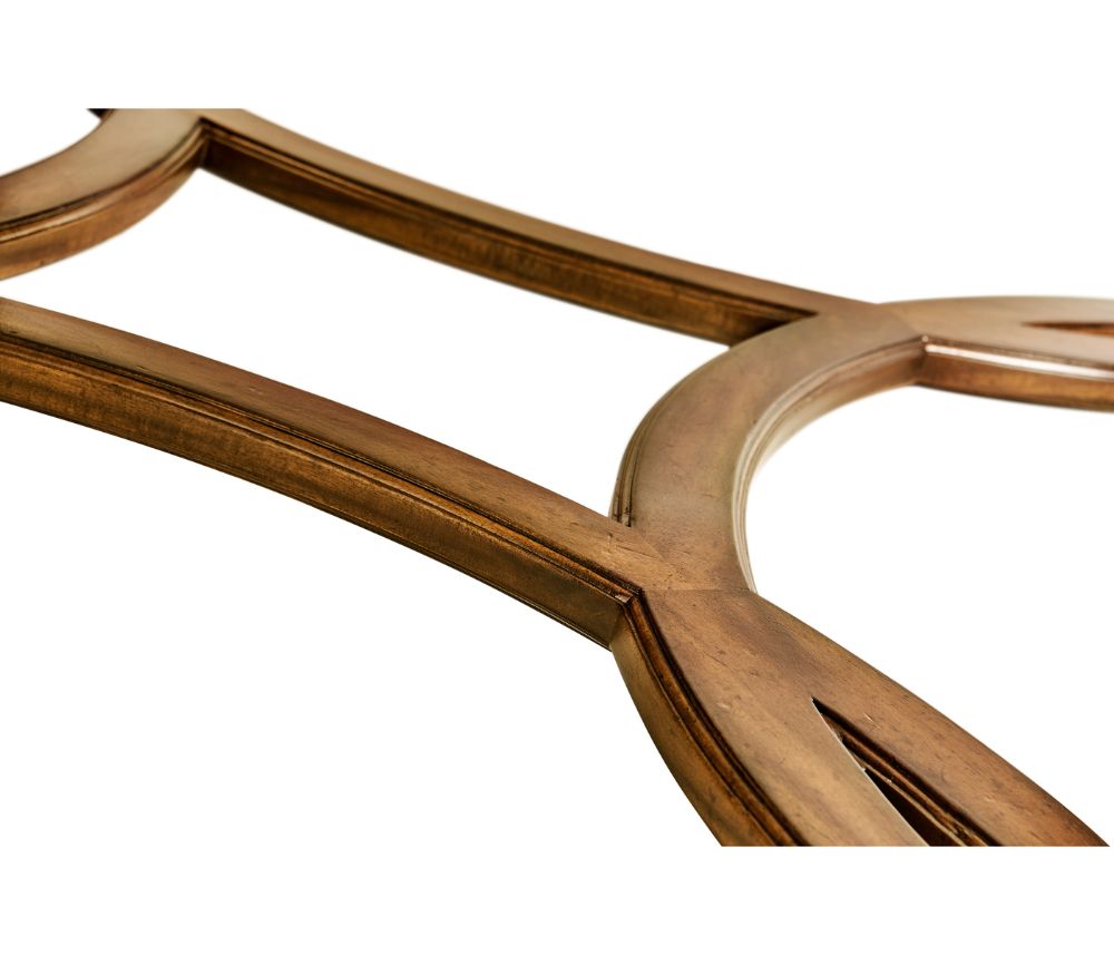 Dark polished wood X-shaped stretcher base with beveled edges and recessed grooves