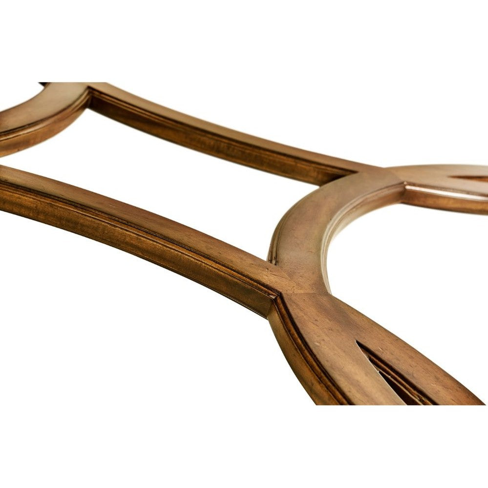 Dark polished wood X-shaped stretcher base with beveled edges and recessed grooves