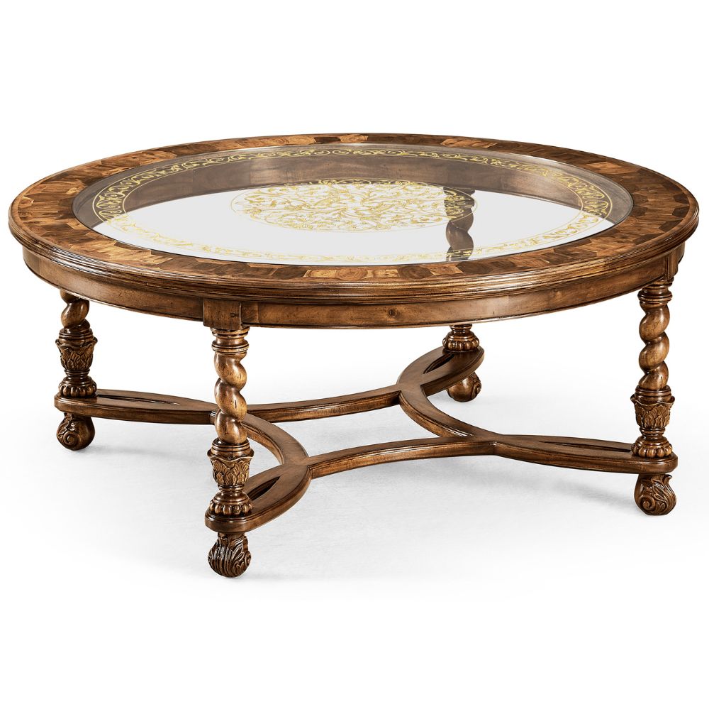 Jonathan Charles round coffee table with oyster veneer border and gold leaf églomisé glass top