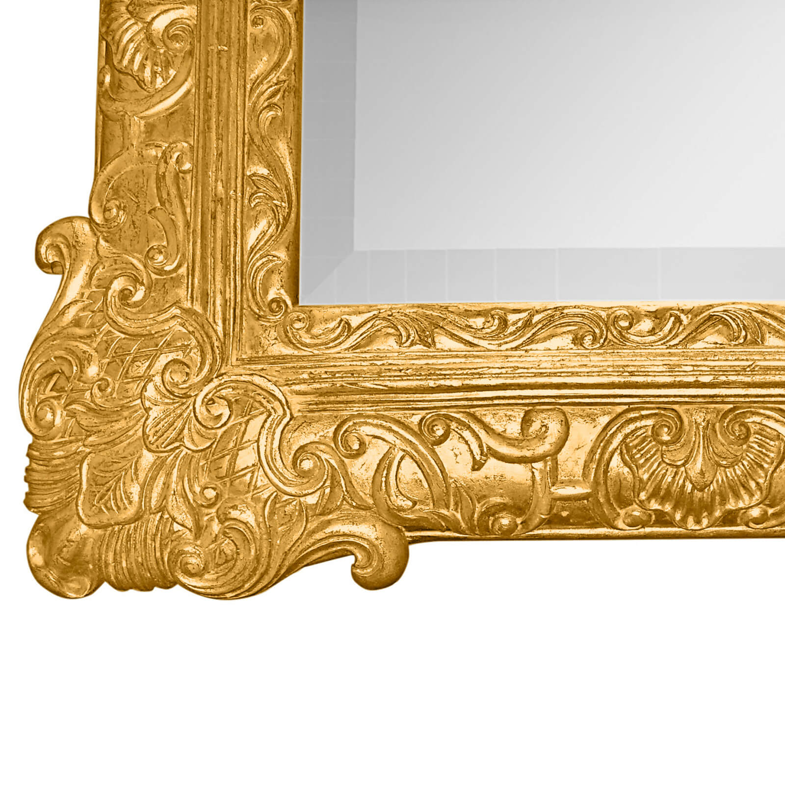Jonathan Charles Versailles Collection mirror corner close-up gilded finish carved shell and acanthus leaves