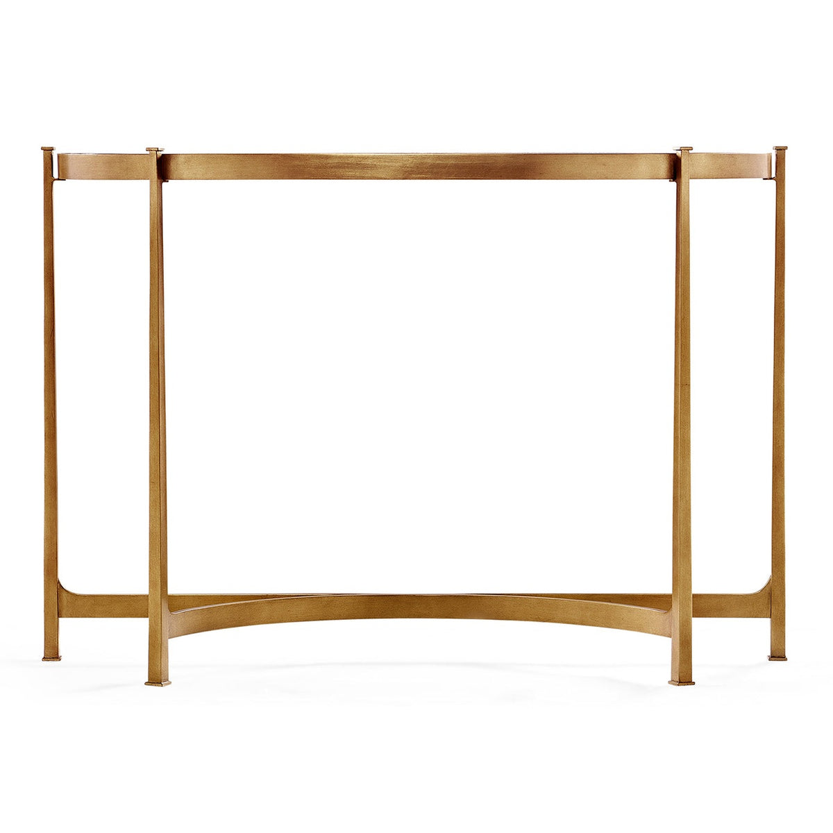 Rear view of Jonathan Charles contemporary gilded console table showing minimalist wrought iron frame and arched stretcher