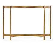 Rear view of Jonathan Charles contemporary gilded console table showing minimalist wrought iron frame and arched stretcher
