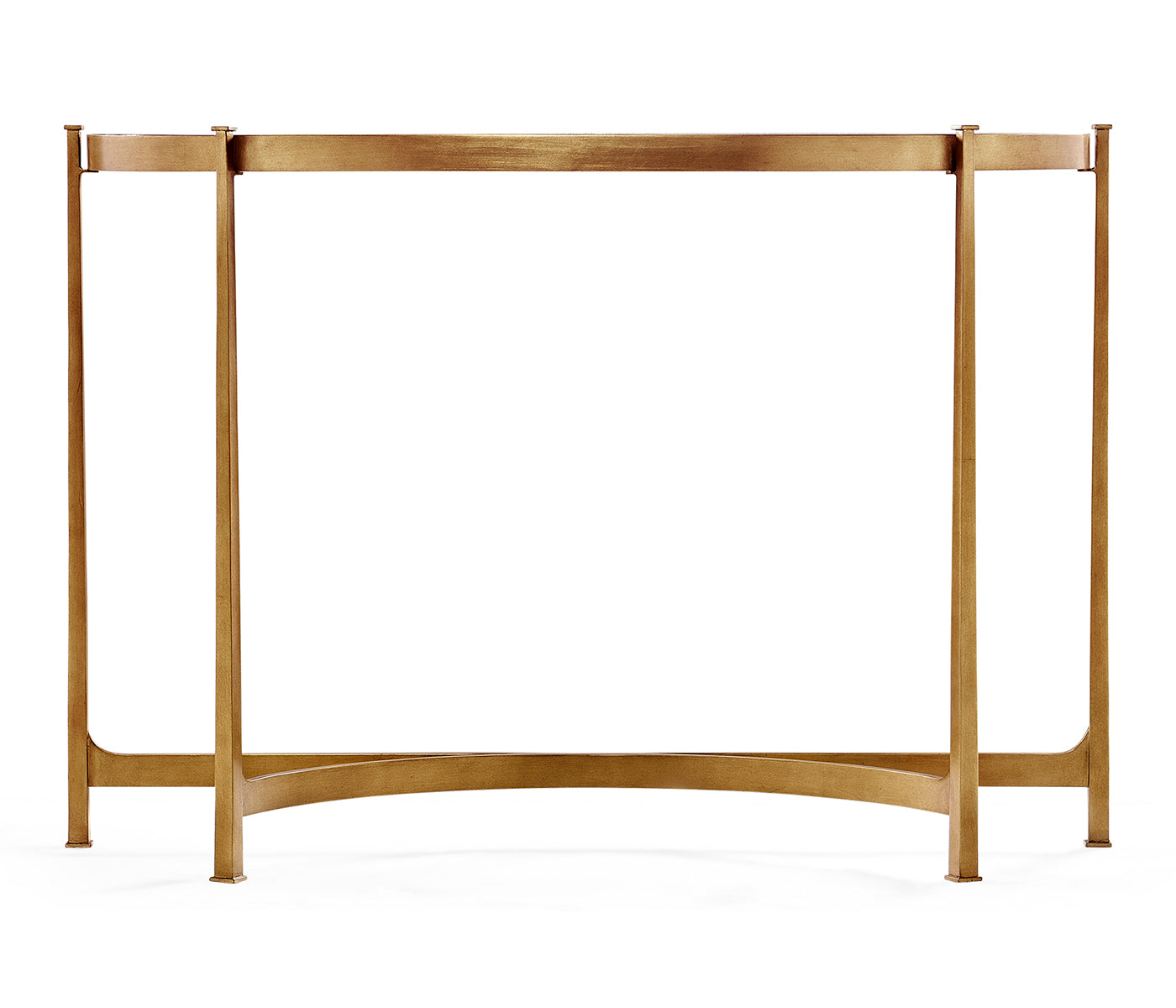 Rear view of Jonathan Charles contemporary gilded console table showing minimalist wrought iron frame and arched stretcher