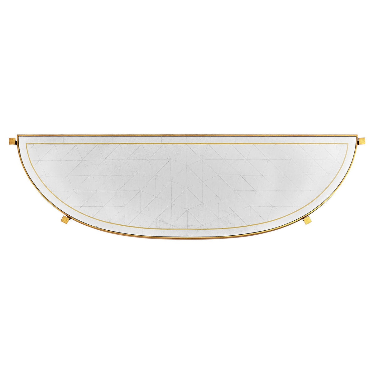 Close-up of Jonathan Charles demilune console table eglomise glass top featuring geometric triangular pattern and gold rim