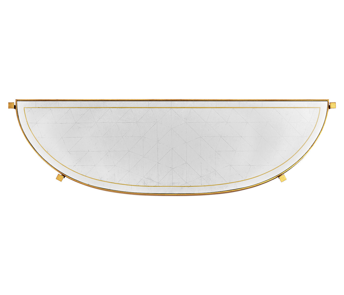 Close-up of Jonathan Charles demilune console table eglomise glass top featuring geometric triangular pattern and gold rim