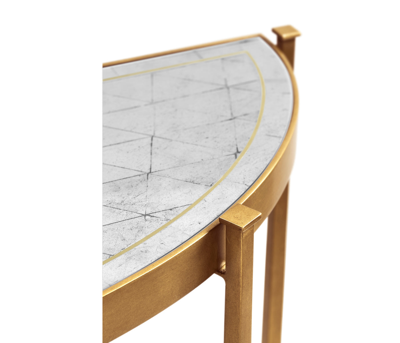 Corner detail of Jonathan Charles demilune console table edge highlighting polished gold metal rim and crackled glass texture