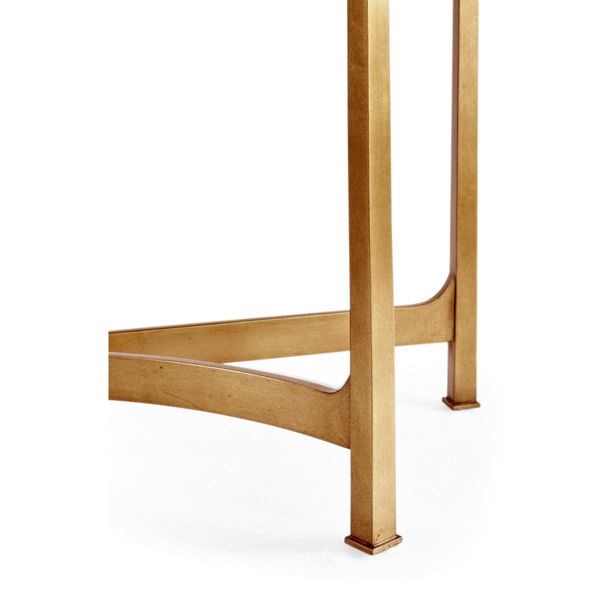 Side profile of Jonathan Charles gilded console table leg assembly with square-profiled leg and sweeping curved stretcher