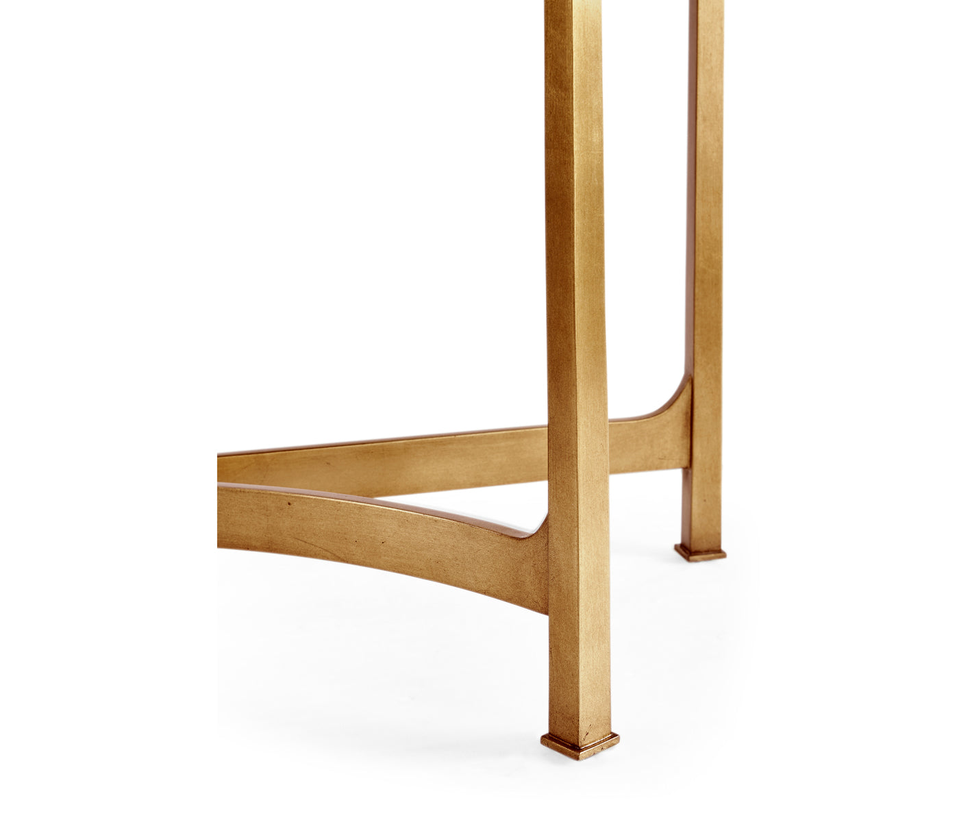 Side profile of Jonathan Charles gilded console table leg assembly with square-profiled leg and sweeping curved stretcher