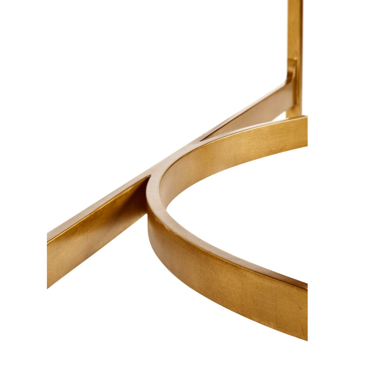Extreme close-up of Jonathan Charles console table base weld showing seamless junction between straight leg and curved stretcher