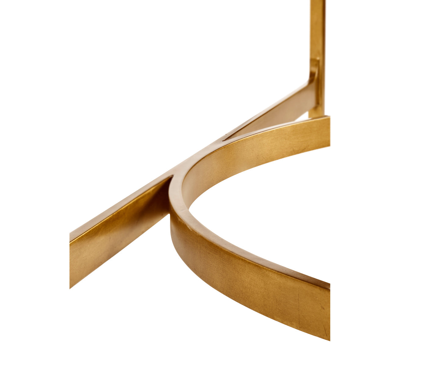 Extreme close-up of Jonathan Charles console table base weld showing seamless junction between straight leg and curved stretcher