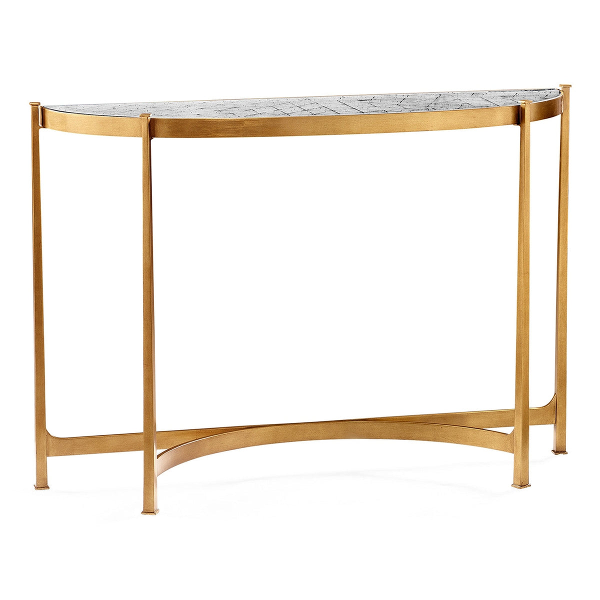 Jonathan Charles large demilune console table with antique gilded wrought iron frame and eglomise cracked-ice glass top