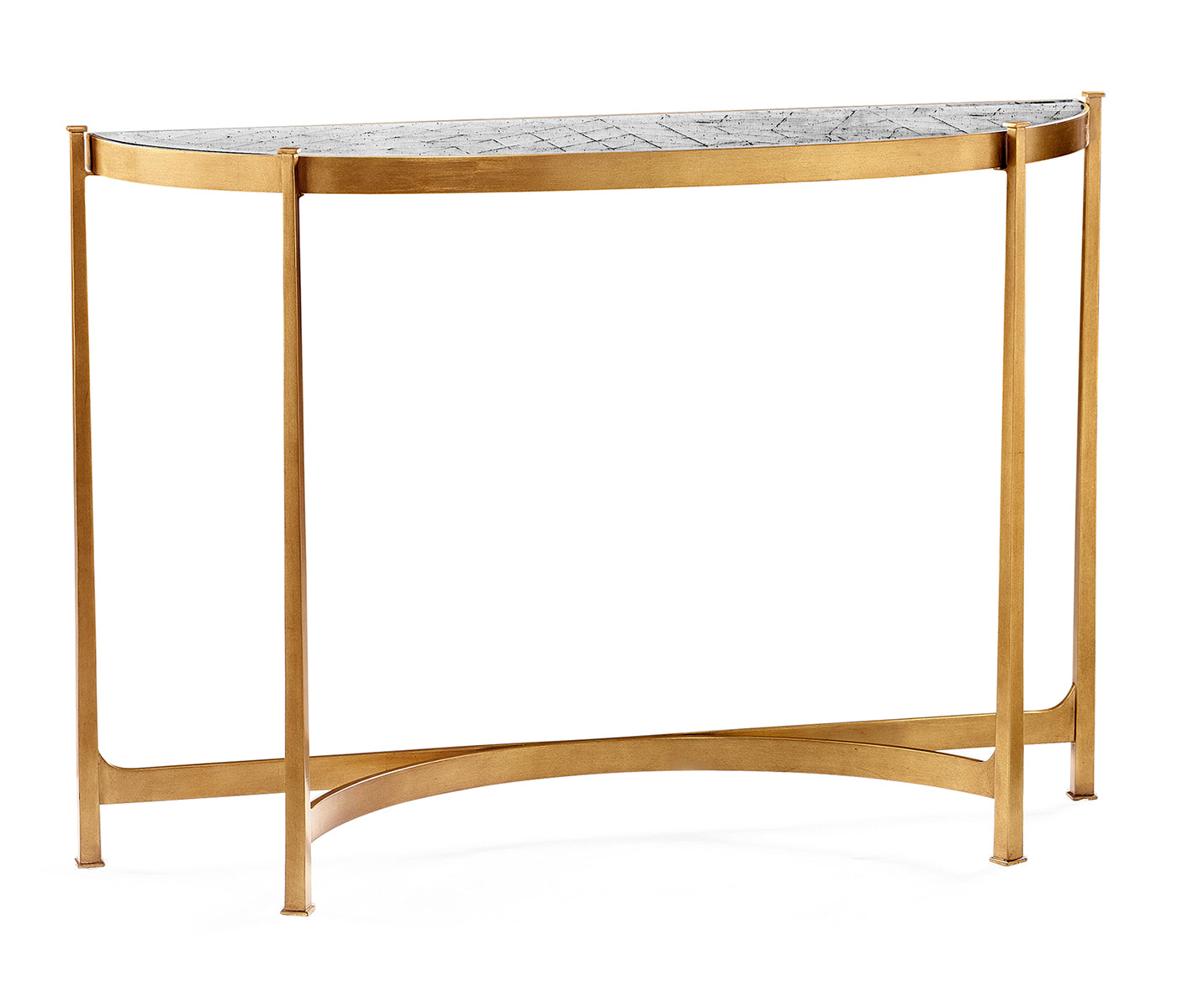 Jonathan Charles large demilune console table with antique gilded wrought iron frame and eglomise cracked-ice glass top