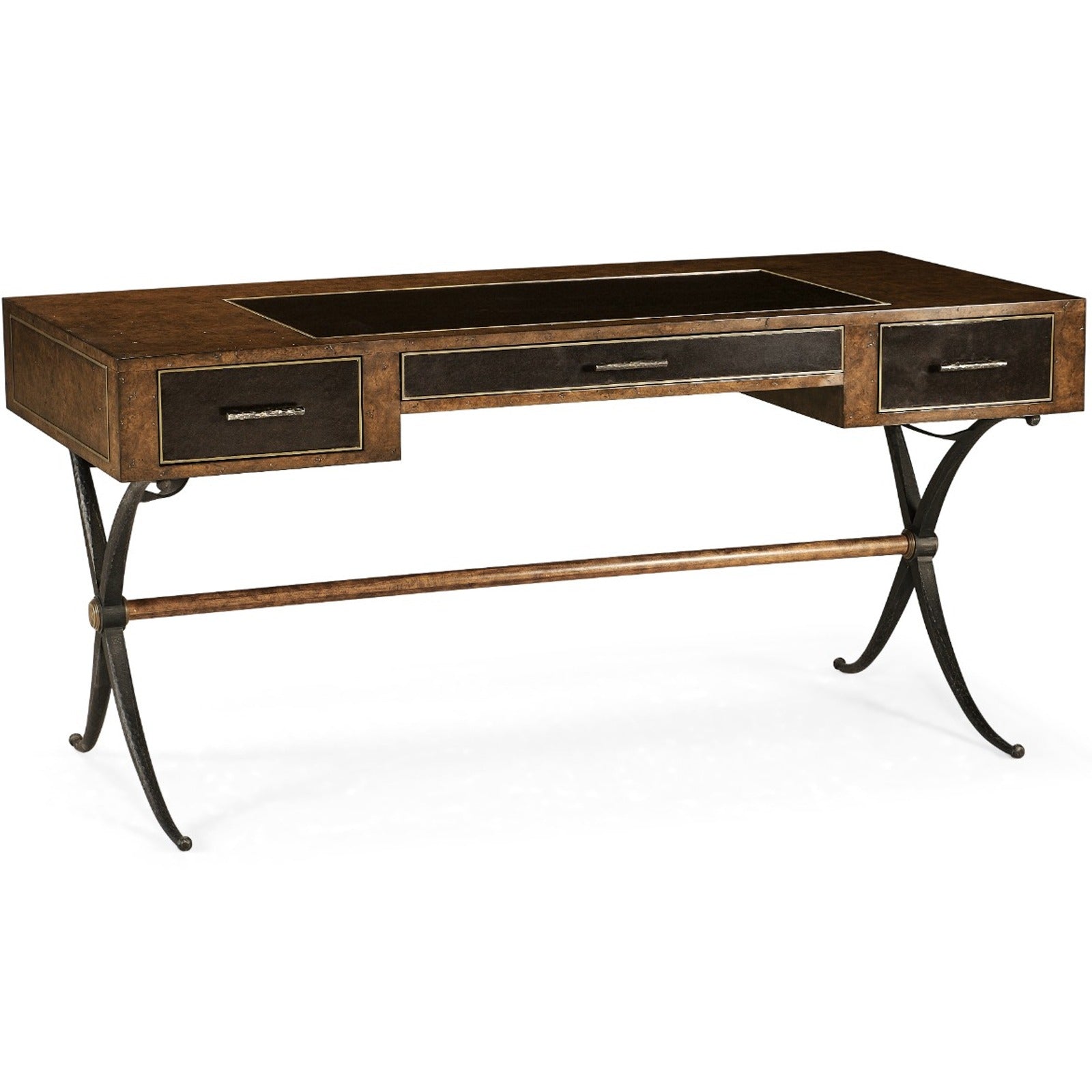 Jonathan Charles Hammered Iron Bureau Plat with Black Leather Inserts