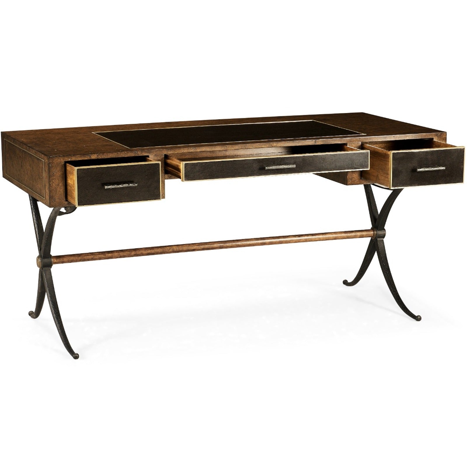 Jonathan Charles Hammered Iron Bureau Plat with Black Leather Inserts