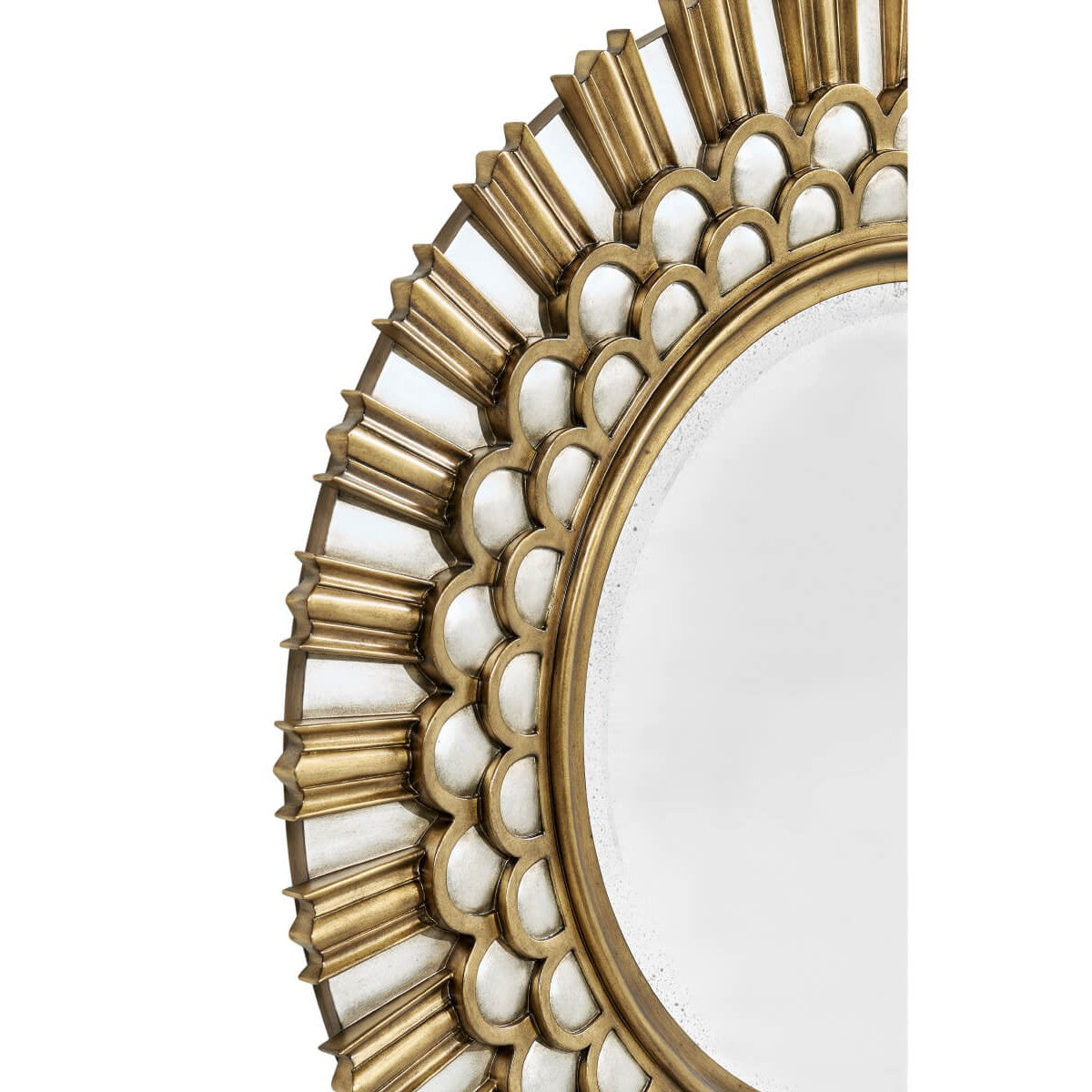 Side angle showing three-dimensional depth of antiqued silver and gold leaf mirror frame
