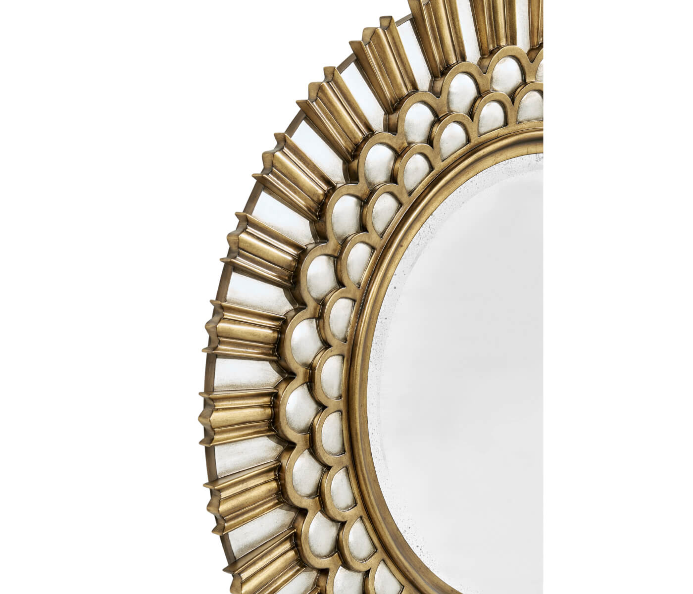 Side angle showing three-dimensional depth of antiqued silver and gold leaf mirror frame