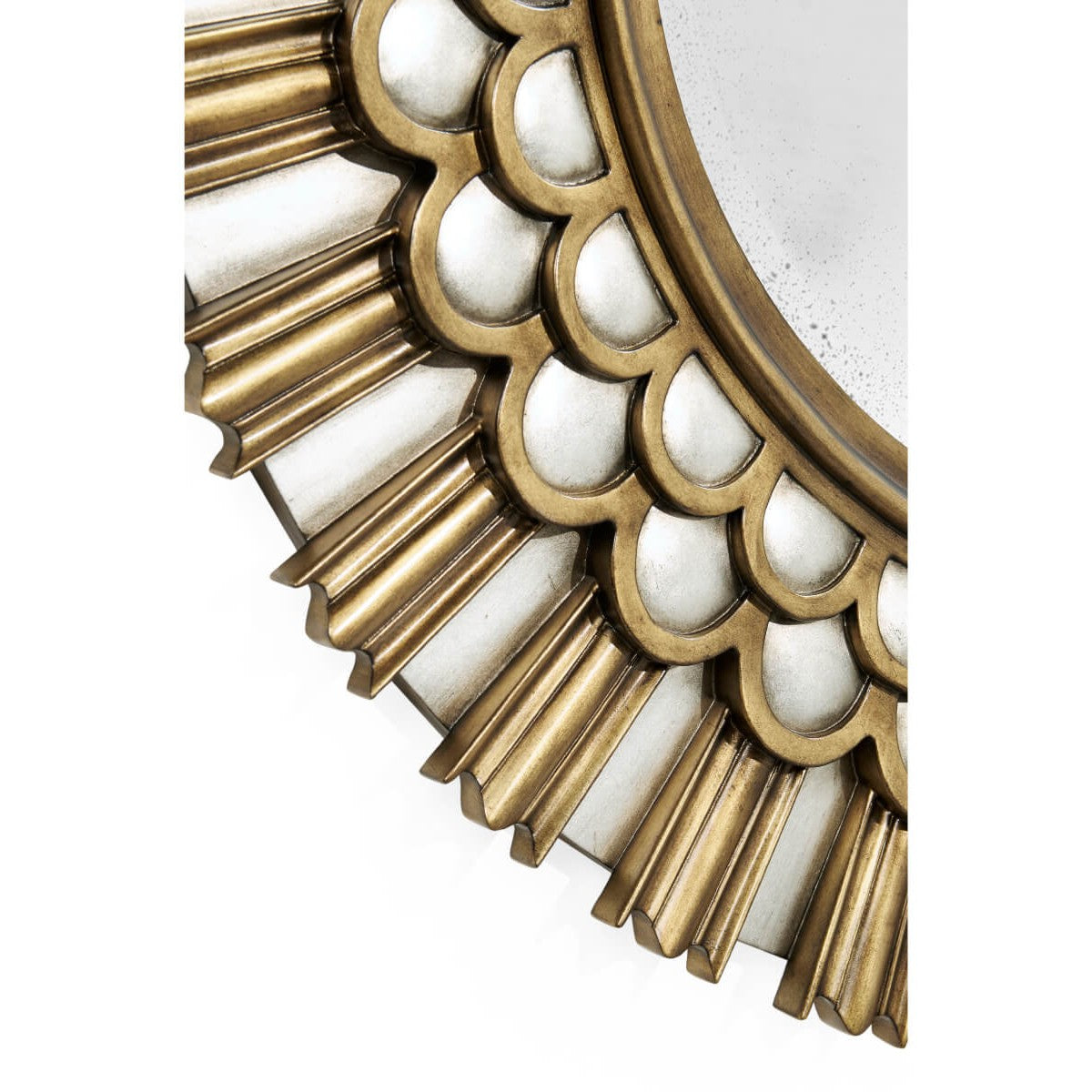Jonathan Charles Berkley round mirror close-up of antiqued silver and aged gold leaf frame detail