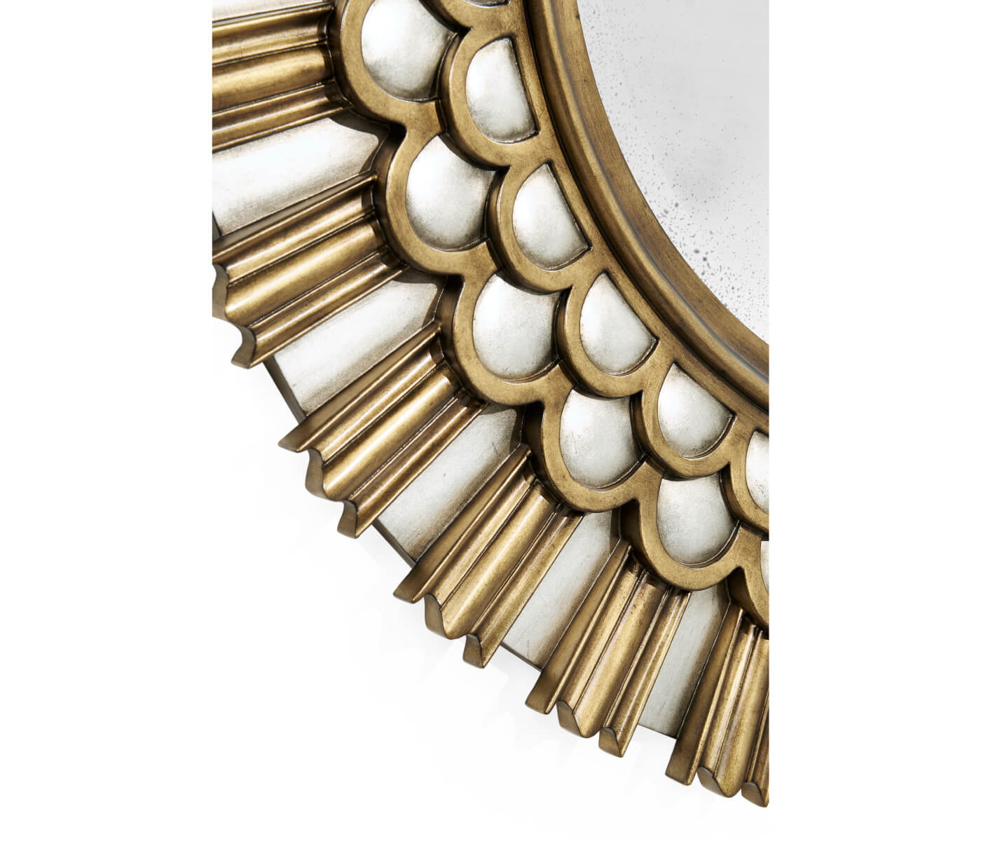 Jonathan Charles Berkley round mirror close-up of antiqued silver and aged gold leaf frame detail