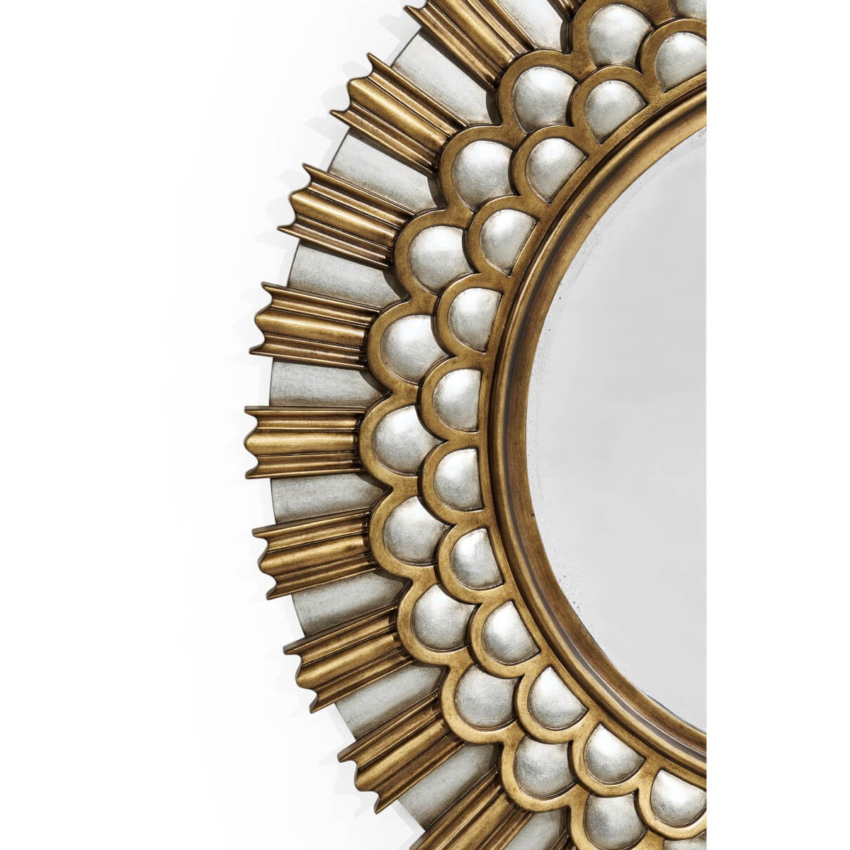 Close-up of layered scalloped and fluted frame construction on Jonathan Charles mirror