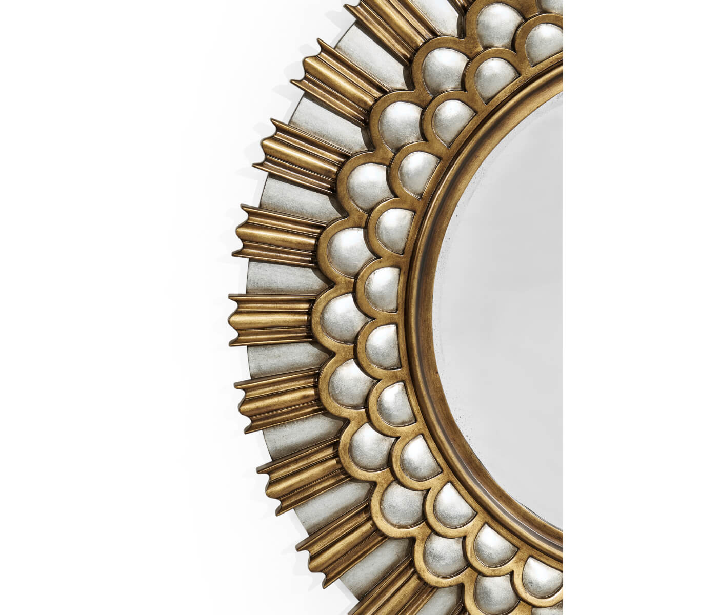 Close-up of layered scalloped and fluted frame construction on Jonathan Charles mirror