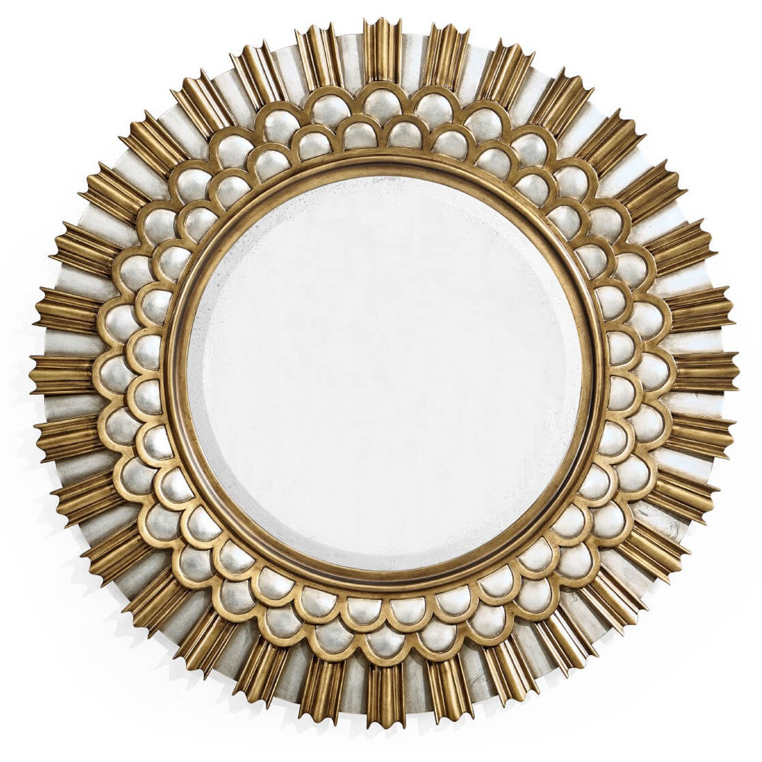 Top-down view of symmetrical sunburst design on 36 inch round mirror with metallic finish