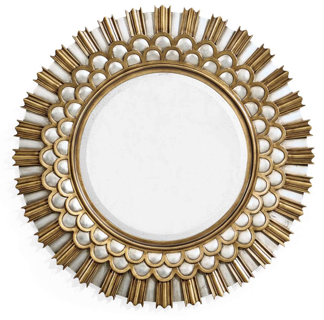 Top-down view of symmetrical sunburst design on 36 inch round mirror with metallic finish