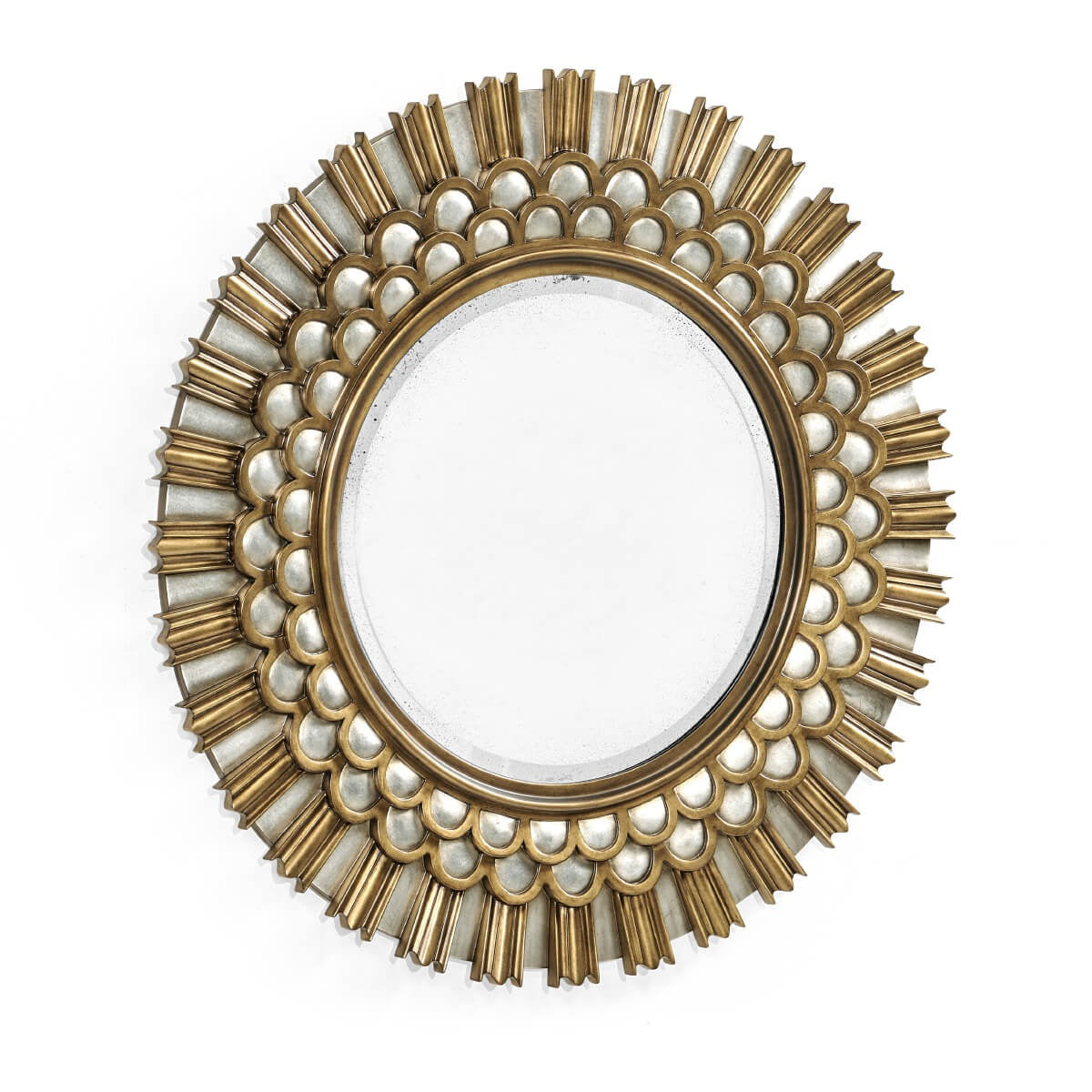 36 inch Jonathan Charles Berkley round mirror with sunburst antiqued silver and gold frame