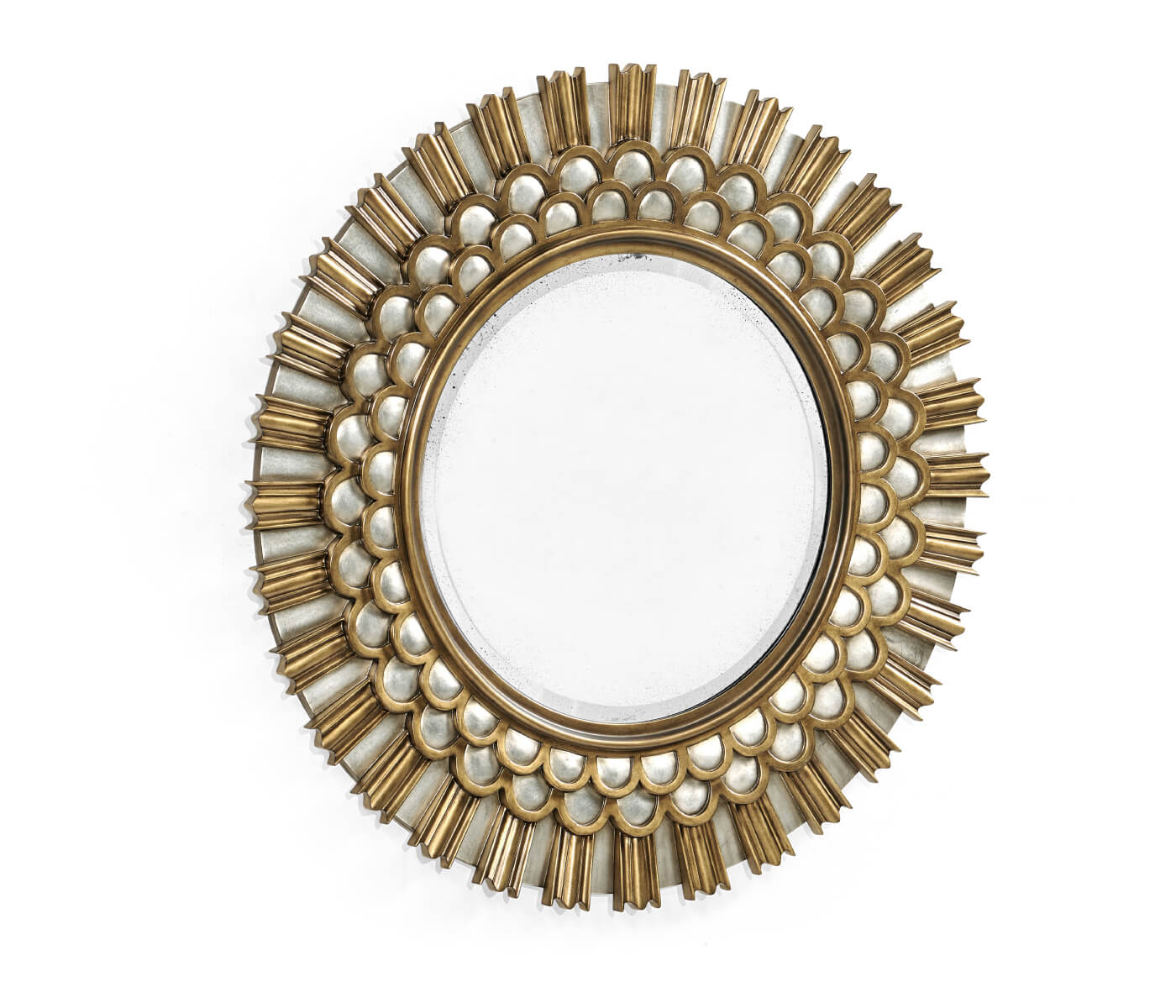 36 inch Jonathan Charles Berkley round mirror with sunburst antiqued silver and gold frame