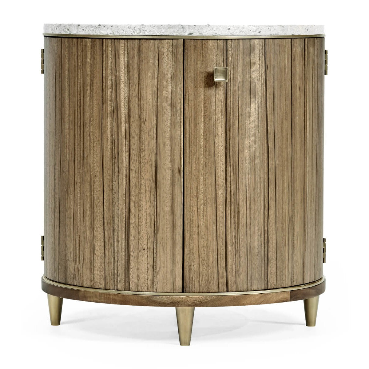 Direct frontal view of Jonathan Charles Hamilton side table with curved cabinet doors, brass accents, and oval base