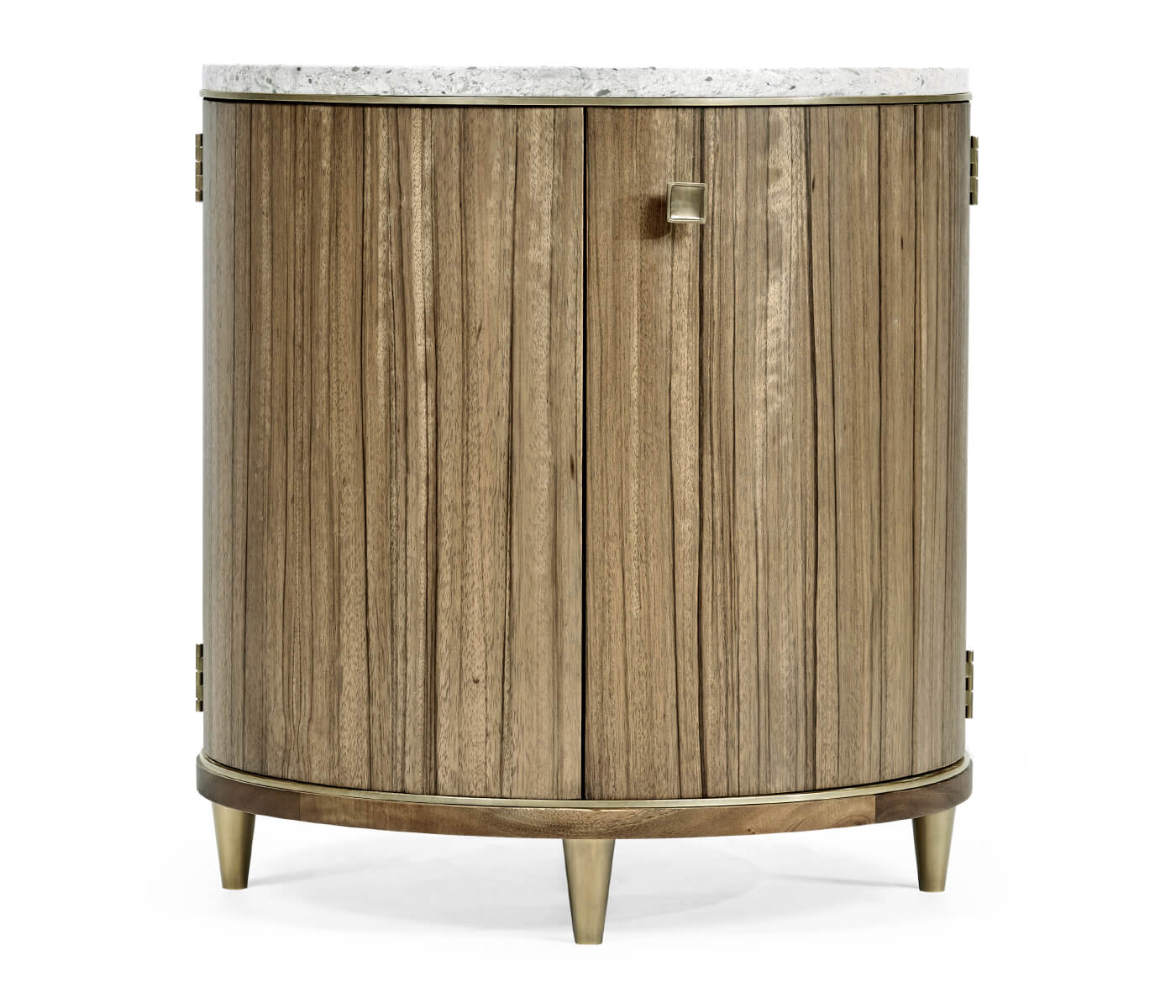 Direct frontal view of Jonathan Charles Hamilton side table with curved cabinet doors, brass accents, and oval base