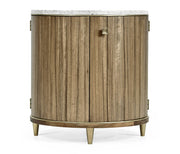 Direct frontal view of Jonathan Charles Hamilton side table with curved cabinet doors, brass accents, and oval base