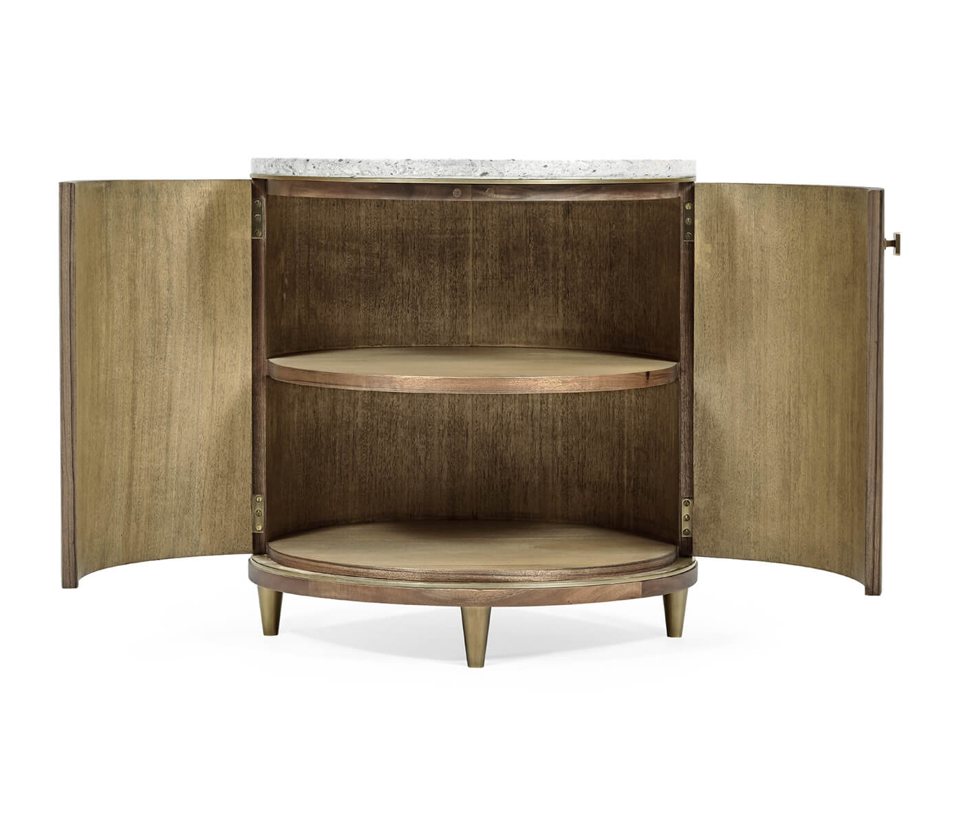 Back view of Hamilton round side table with open doors revealing two wooden shelves and tapered brass legs