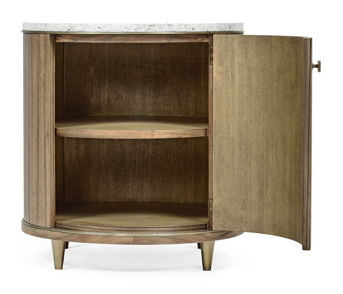 Jonathan Charles Hamilton round side table with open quartered paldao veneer doors, interior shelves, and speckled marble top