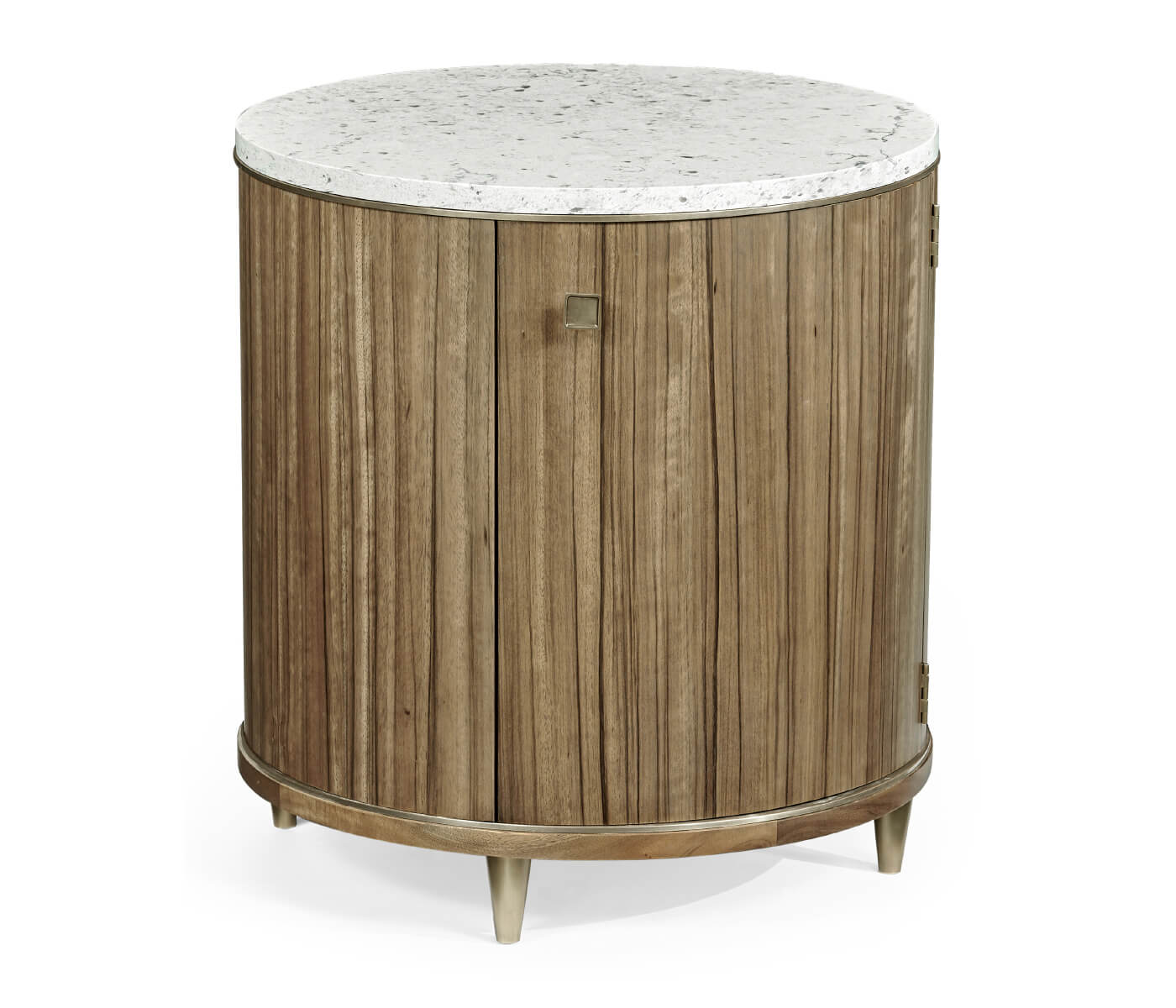 Front view of closed Hamilton round side table featuring vertical wood grain, square brass handle, and speckled marble top