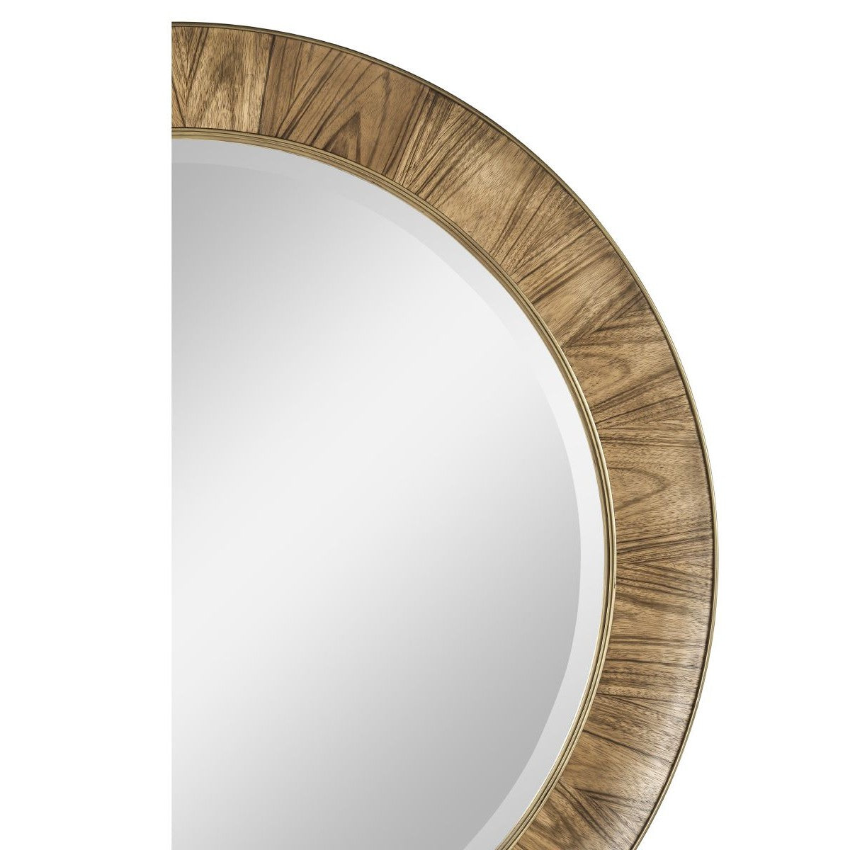 Side profile of curved Paldao veneer frame on Hamilton round mirror with gold metal bevel