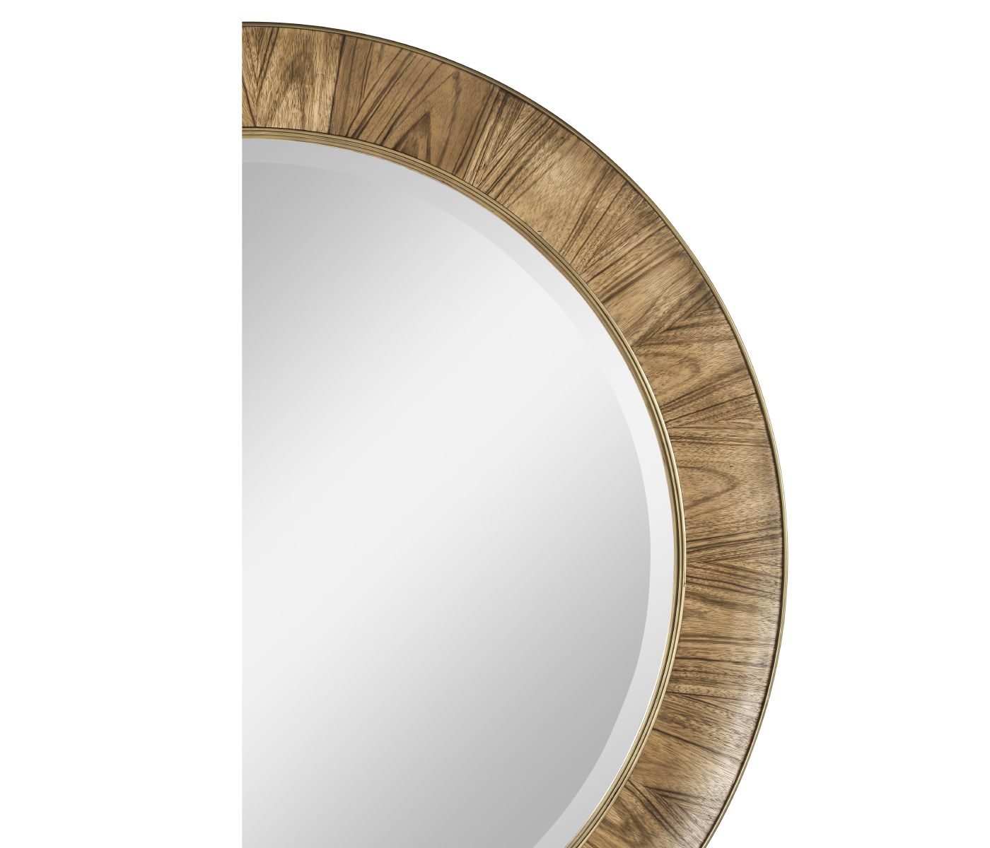 Side profile of curved Paldao veneer frame on Hamilton round mirror with gold metal bevel
