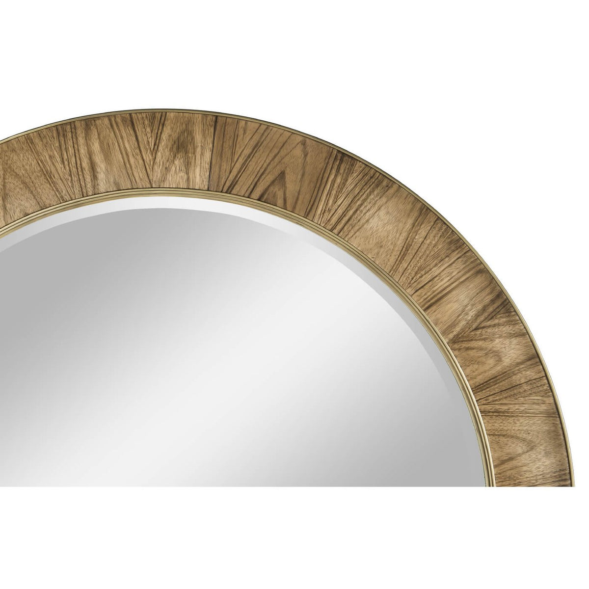 Close-up of radial slip-matched Paldao wood grain on Hamilton 48 inch round mirror frame