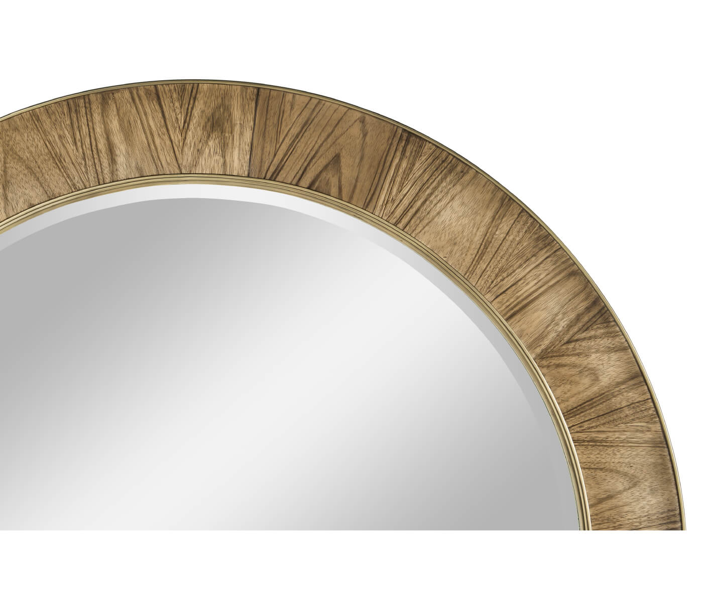 Close-up of radial slip-matched Paldao wood grain on Hamilton 48 inch round mirror frame