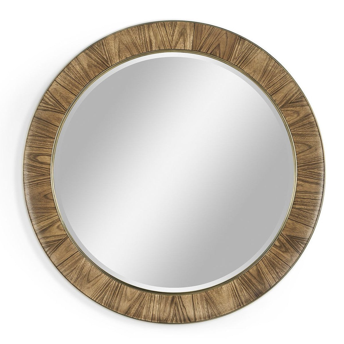 Top-down view of symmetrical 48 inch round mirror with medium brown Paldao veneer border