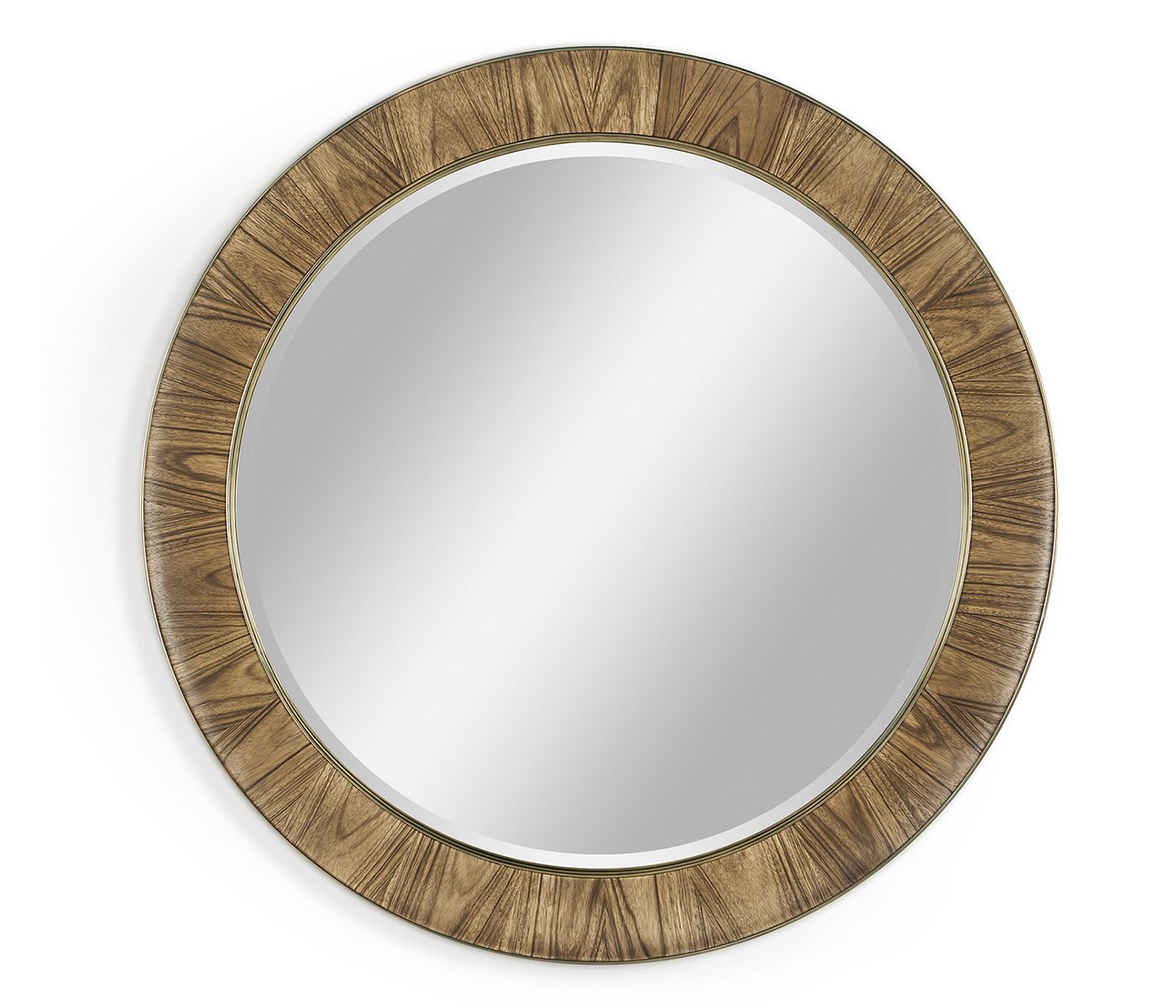 Top-down view of symmetrical 48 inch round mirror with medium brown Paldao veneer border