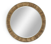 Top-down view of symmetrical 48 inch round mirror with medium brown Paldao veneer border