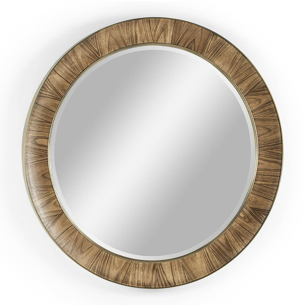 Jonathan Charles Hamilton 48 inch round mirror with radial slip-matched Paldao veneer and gold trim