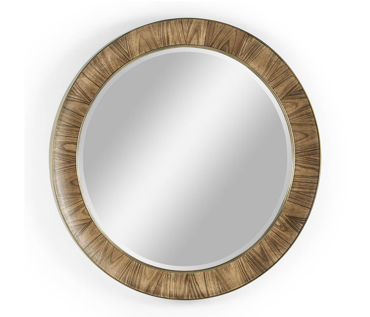 Jonathan Charles Hamilton 48 inch round mirror with radial slip-matched Paldao veneer and gold trim