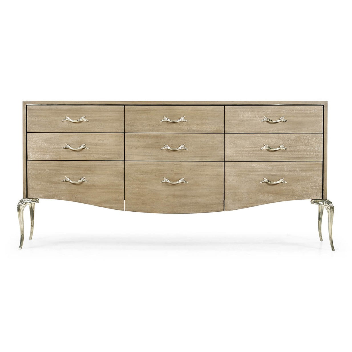 Front view of Jonathan Charles 9-drawer dresser featuring uniform silver ornamental handles and graceful curved silver legs