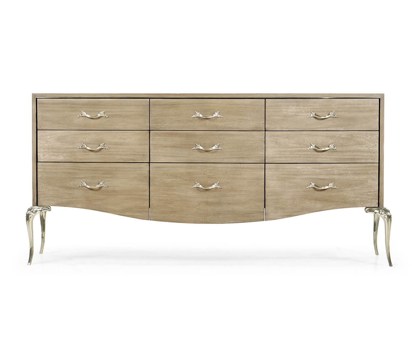 Front view of Jonathan Charles 9-drawer dresser featuring uniform silver ornamental handles and graceful curved silver legs