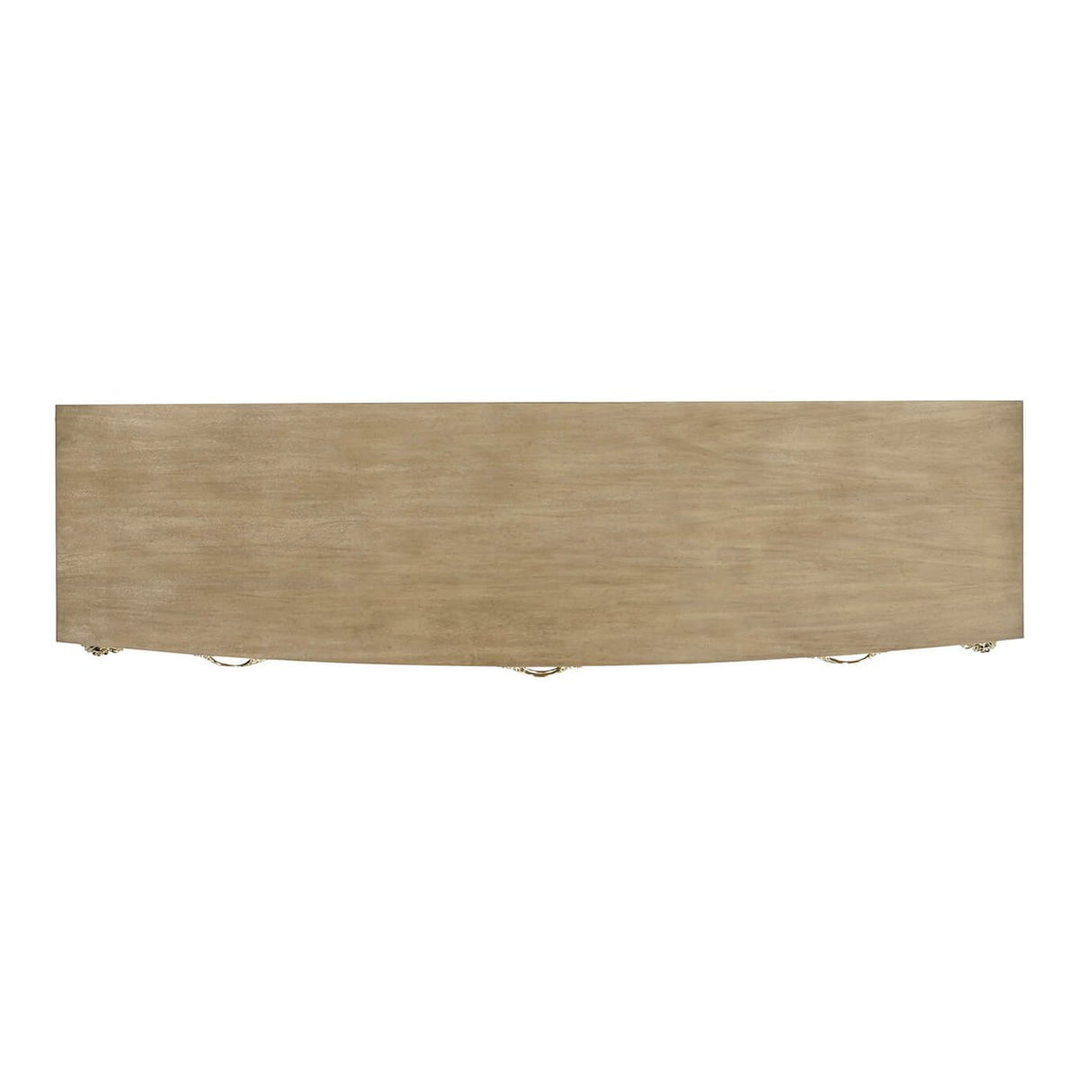 Top-down view of flat Rivoli walnut dresser surface revealing consistent wood grain and corner silver leg mounts