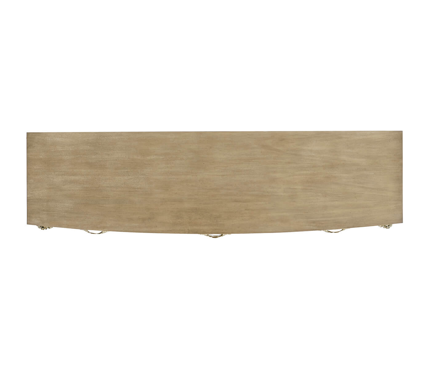 Top-down view of flat Rivoli walnut dresser surface revealing consistent wood grain and corner silver leg mounts